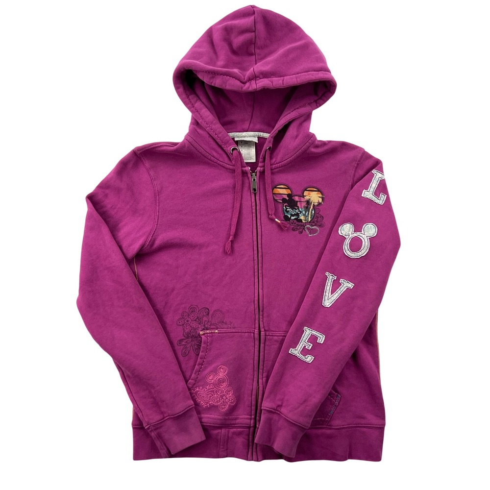 Disney Parks Mickey Mouse Peace Love Zip Up Hoodie Magenta Purple Womens Medium